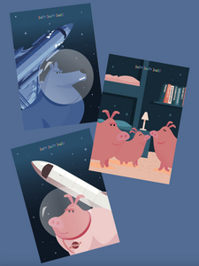 Miniplakater av Ulven og de tre små grisene som skulle reise til Mars
