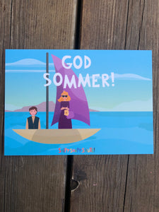Postkort med bilde av Askeladden og prinsessa som seiler. 
