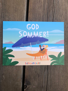 Postkort med bilde av syvende far på stranda.