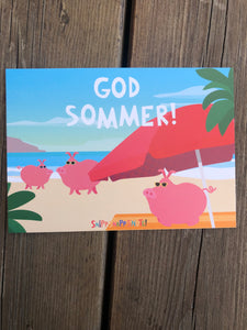 Postkort med bilde av de tre små grisene på stranda. 